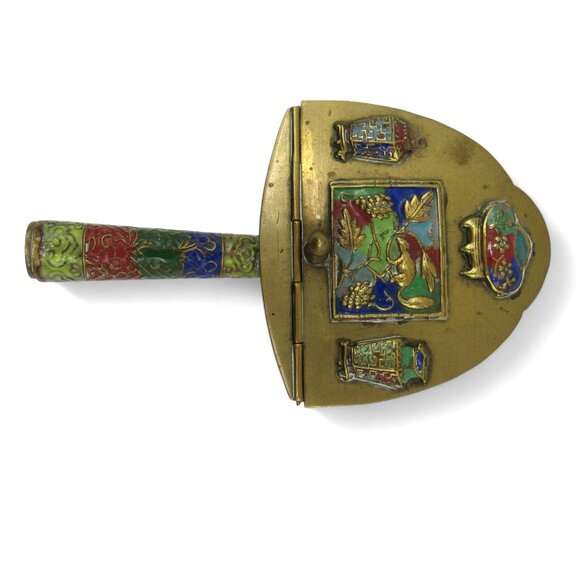 Vintage Brass And Enamel SILENT BUTLER With Decorative Handle And Hinged Lid - Picture 3 of 12